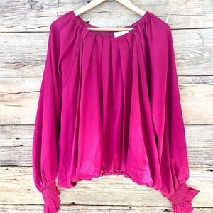 Fantastic Fawn Fuchsia Silky Pleated Blouse Dolman Sleeve Womens Large
